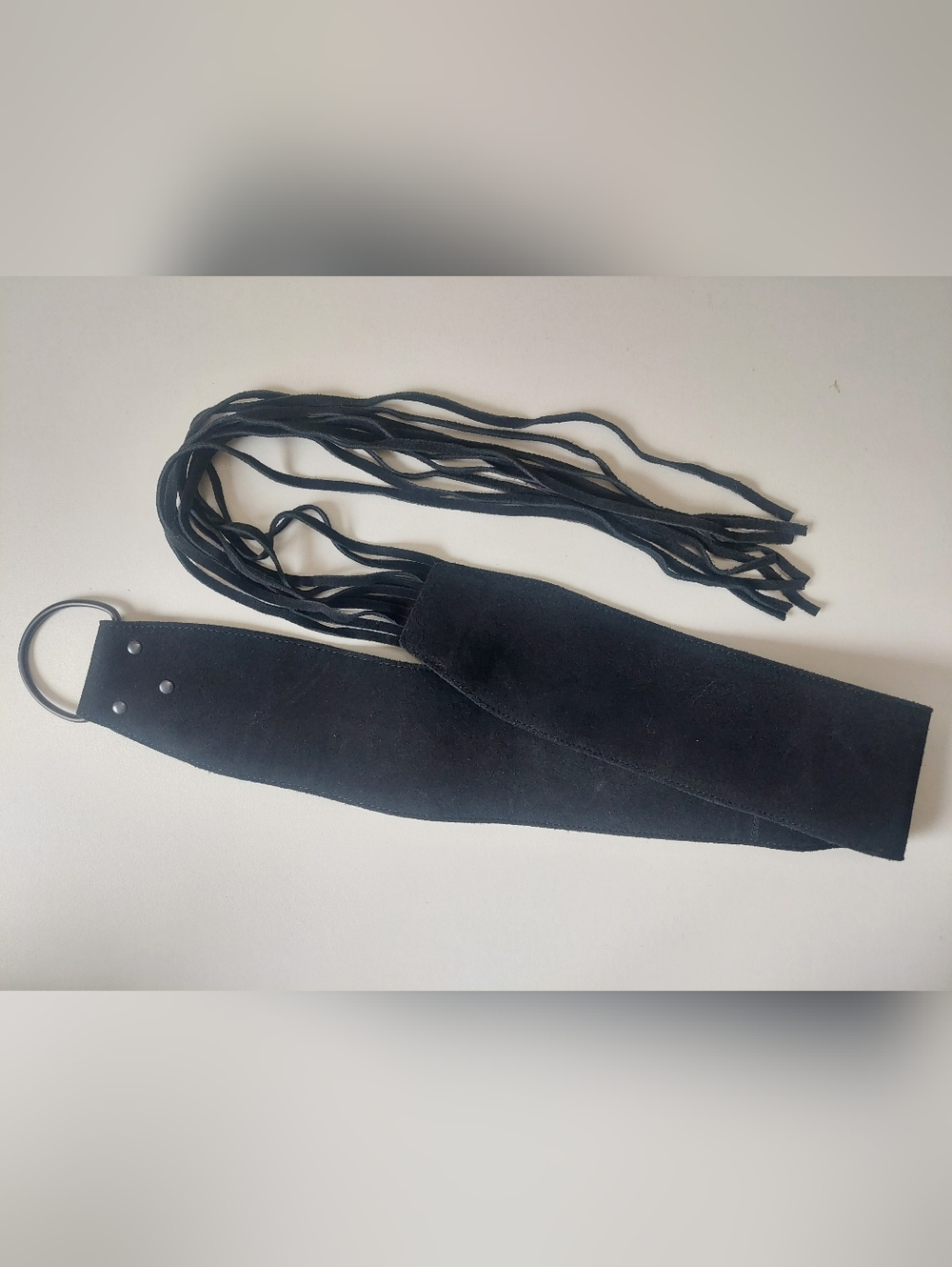 Eileen Fisher Black suede fringe sash belt wide S